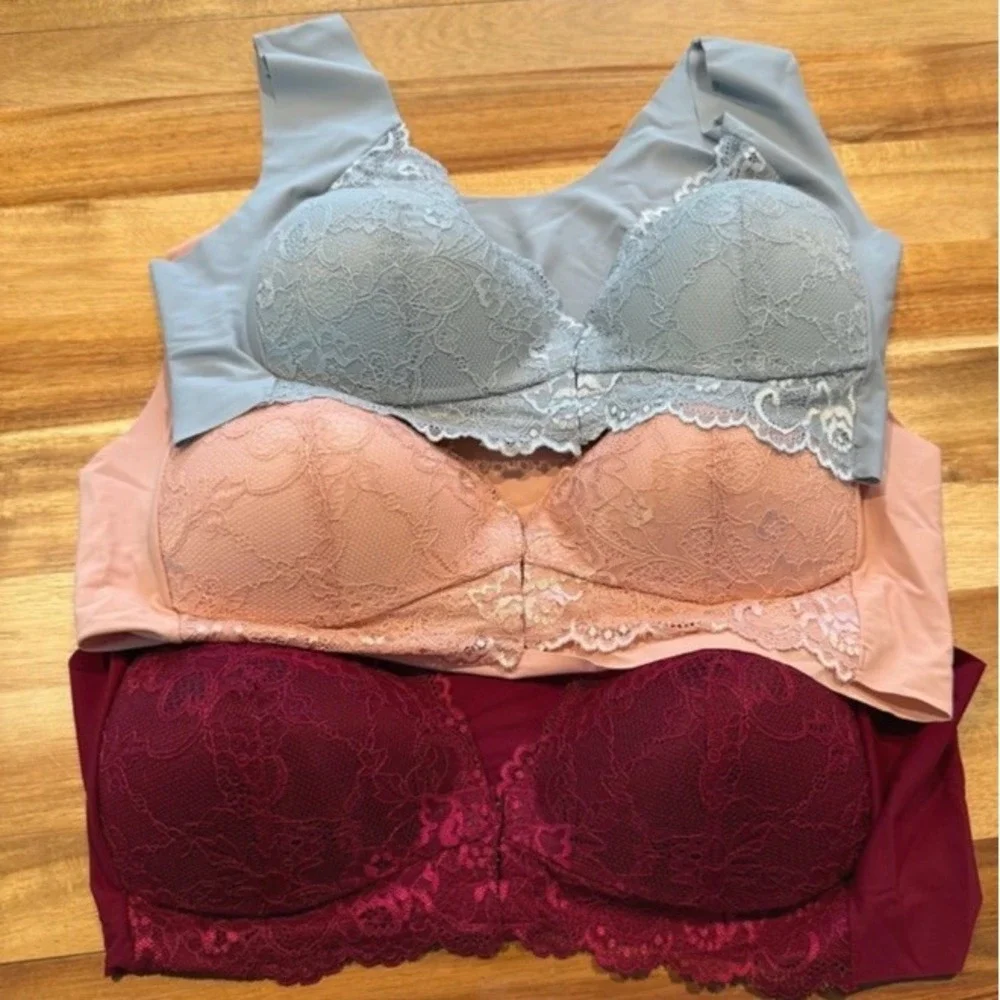 Lot of 3 Women's XXL Lace Bras Padded Full Coverage Blue Pink Burgundy Coquette